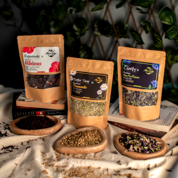 ATHARVEDIC ORGANICS - IMMUNITY TEA GIFT | 3 In 1 Combo || Butterfly Pea Flower Tea - 50g, Hibiscus Tea - 50g, Chamomile Tea - 50g | GIFTING DELIGHT | Farm Fresh - Caffeine Free - Herbal Tea - Flower Based |